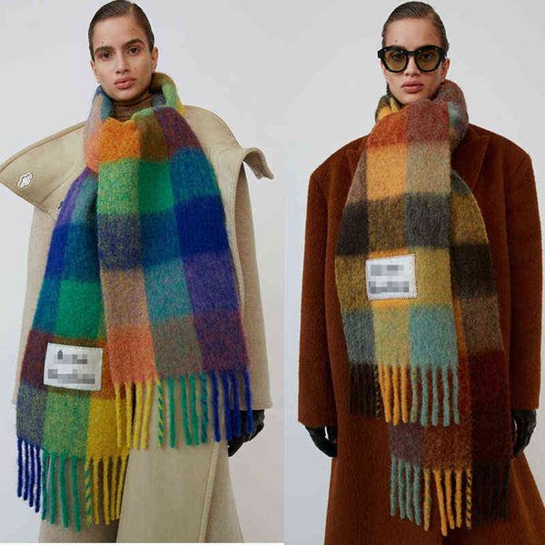 

Women's Winter New Brand Cashmere Scarf Rainbow Grid Shawls Scarf for Men and A