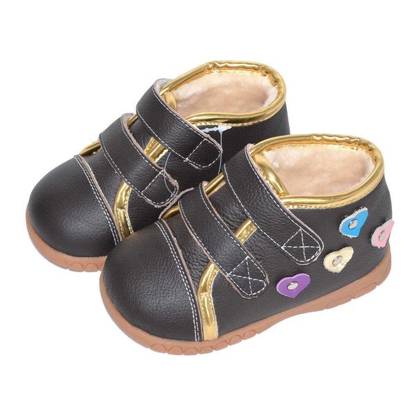 Meninas Botas de Inverno Geunine Leather Princesa Bolsa de Neve Quente Bebê Engrenado de Algodão de Algodão Sapatos Macios Sola Bonito Rebites Botting Botting Botting Botting 210713