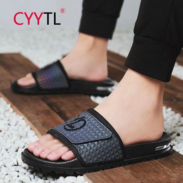 

slippers cyytl summer men's silver light symphony air cushion letter pattern sandals indoor home flip flops beach shoes, Black