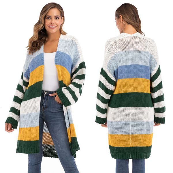

women's mixed color stitching contrast stripe long woven sweater thickened cardigan coat 190871, White;black