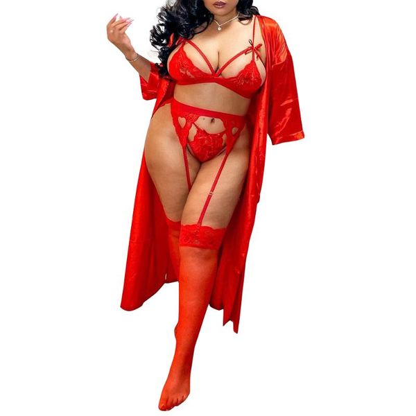 

bras sets women's underwear set lace transparent bra lingerie bra+ panties+garters 3 piece erotic plus size, Red;black