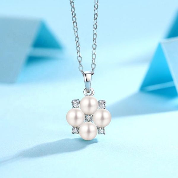 

chains ogulee women necklace moissanite diamond and pearls flower shape pendants for fine jewelry valentine's day gift, Silver