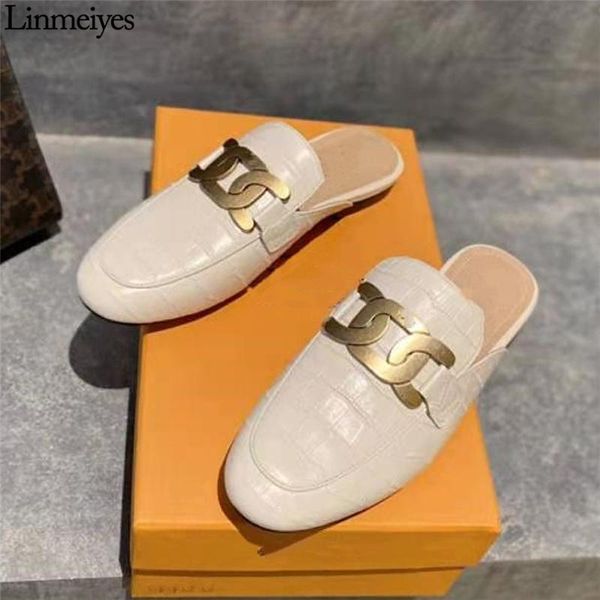 

slippers flats shoes metal buckle women retro alligator pattern casual ladies mules fashion runway female slides2021, Black