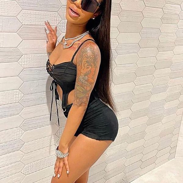 

women's tracksuits bandage lace up corset women camis tank + skinny shorts summer party club runway clothes two piece set, Gray