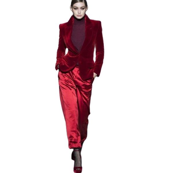 

women's two piece pants women pant suits wine red velvet ladies business office work wear formal outfit for weddings tuxedos blazer fas, White