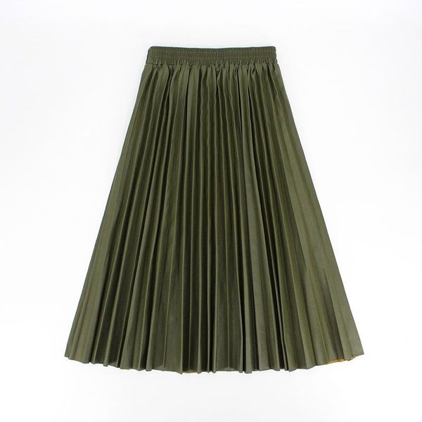 

skirts waist a line knee length women skirt winter women's pleated leather with high elastic, Black