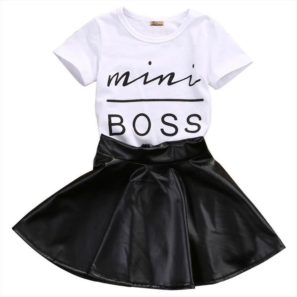 

summer kid girls clothes casual clothing sets baby kids set t shirt short skirts black outfits, White