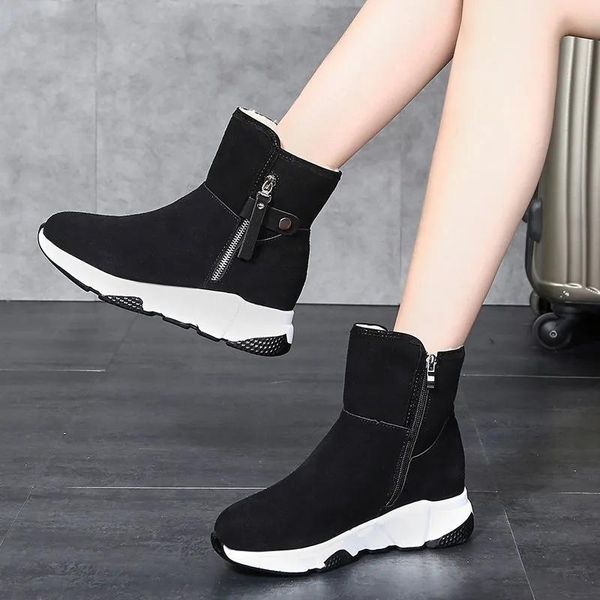 

boots winter thicken warm ladies snow korean fashion side zipper solid mid calf casual cotton shoes female large size 42, Black