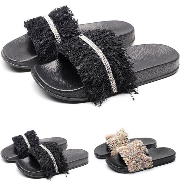 

slippers women summer fashion slipper flat 2021 shoes tassel bright diamonds slides ladies beach slide on, Black