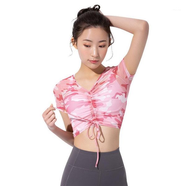 

yoga outfit adjustable length lightweight breathable short-sleeved fitness summer camouflage printed shirts women sports t-shirt