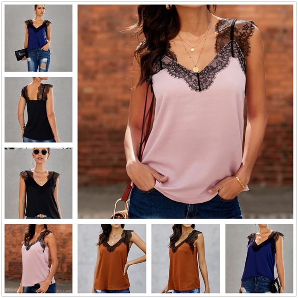 

women's shirt summer lace v-neck sleeveless splicing halter polyester fiber straight type improved overworn tactical vest, Gray;blue