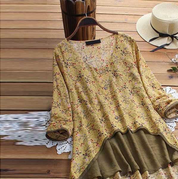 

blouse women casual irregular floral print patchwork long sleeve shirt blusen damen blouse chemisier femme woman blouses, White
