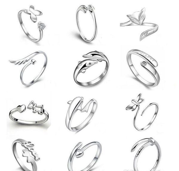 925 Sterling Silber Jewerly Ringe Delfine Libelle Flügel des Engels Liebe Fox Schmetterlingsöffnung Einstellbarer Ring für