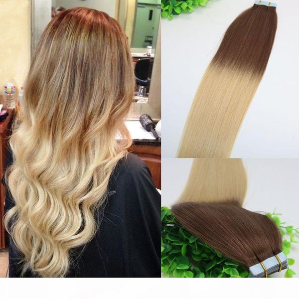 

ombre hair dark brown 4# shade to golden blonde 613#tape in human hair extensions 40pcs 100gram brazilian remy hair, Black