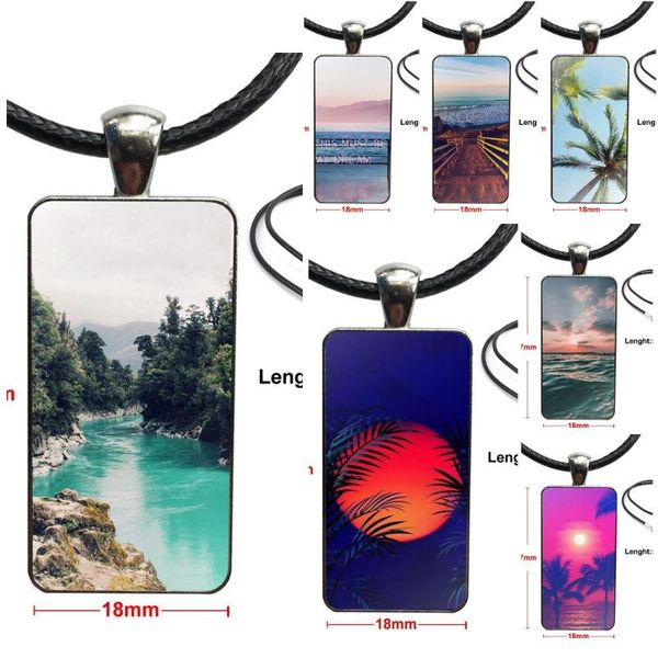 

pendant necklaces for men women aloha palm trees summer nature fashion glass cabochon rectangle necklace choker jewelry, Silver