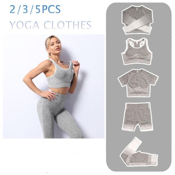 

yoga outfit 2/3/5pcs seamless women set sportswear fitness sports long sleeve crop high waist leggings workout gym clothing 2021