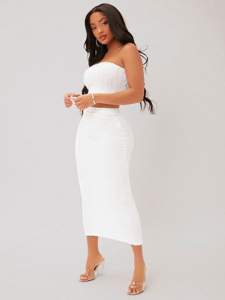 

sxy textured crop tube & pencil skirt set e9p3#, White