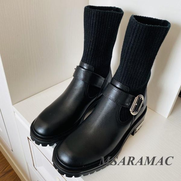 

boots winter black metal buckle stretch ankle leather round toe slim short fashion street ladies all-match designer shoes