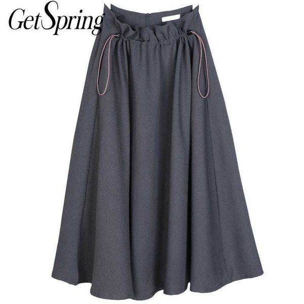 

getspring women skirt drawstring ruffles high waist solid a line all match long s spring summer 210601, Black