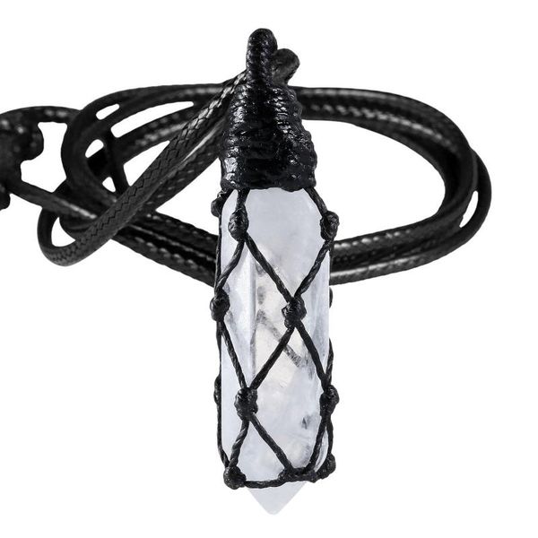 

pendant necklaces black mesh rope wrap rock quartz crystal pillar shape healing necklace adjustable wax charm energy jewelry for lady, Silver