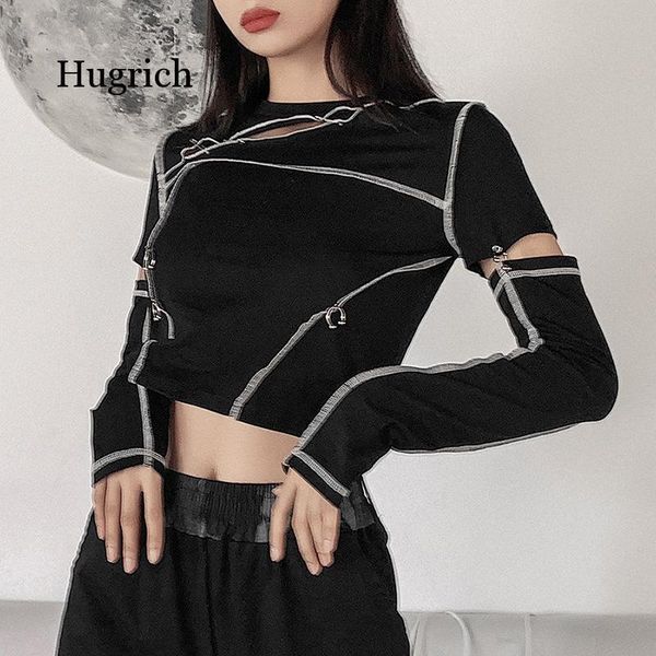 

women's t-shirt 2021 autumn and winter long sleeve round neck splicing hollow out navel top, White