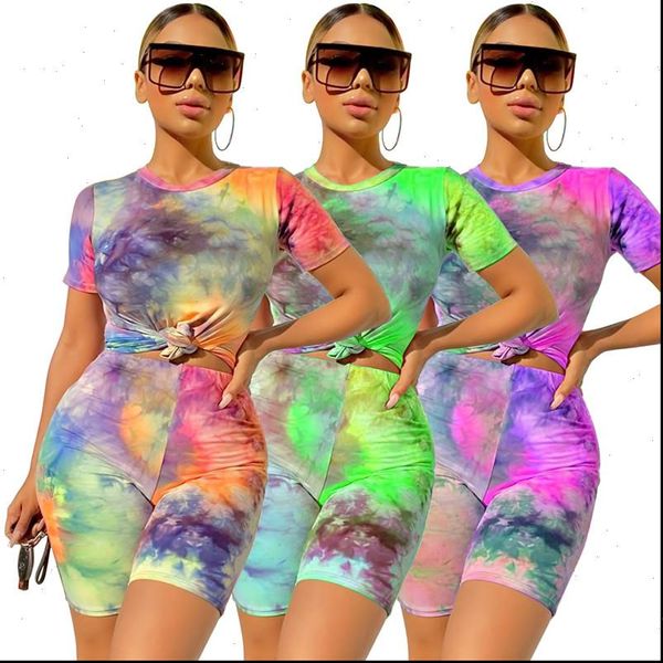 

2pcs women sports tie dyeing print high waist biker shorts pants workout clothes tracksuit outfit casual 2 piece set 2021, Gray