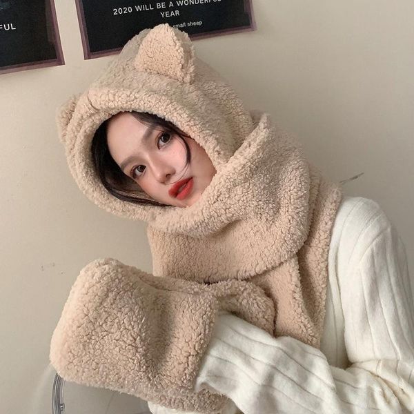 

beanie/skull caps 3 in 1women hat scarf gloves set cartoon bear ear warm thick winter fleece beanie cap snood, Blue;gray
