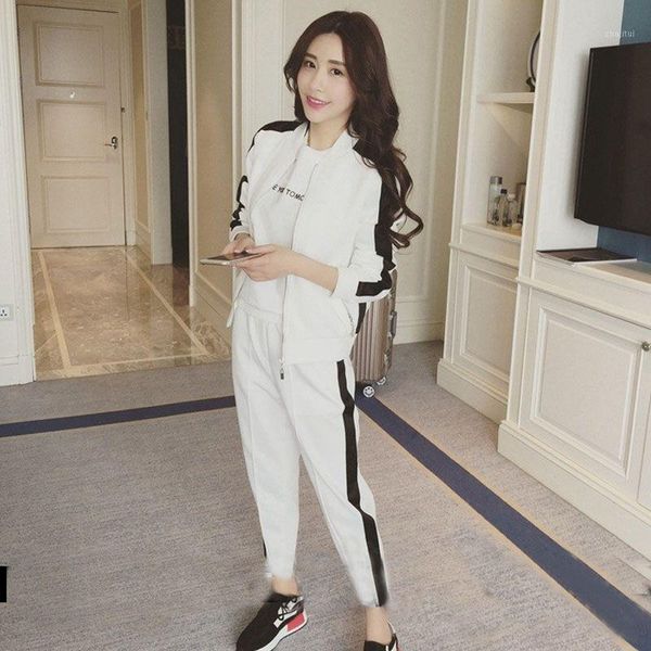 

two piece dress student autumn long-sleeved cardigan coat sports casual pants two-piece loose thin women's suit, White
