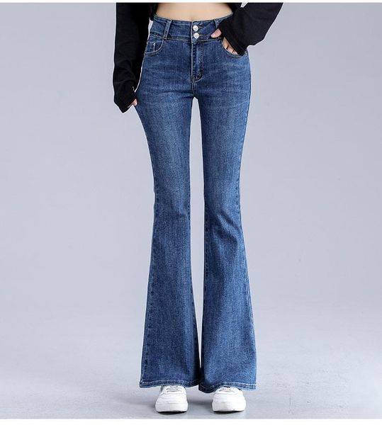 

women's jeans fashion spring autumn cotton blend casual flare plus size denim black blue high waist capris female qqd2102