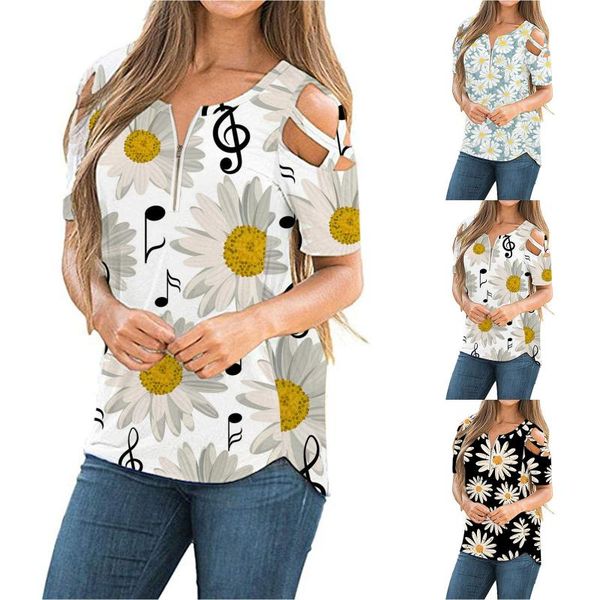 

women's blouses & shirts blouse summer printing casual loose strappy cold shoulder o-neck zipper basic shirt mujer women clothing, White