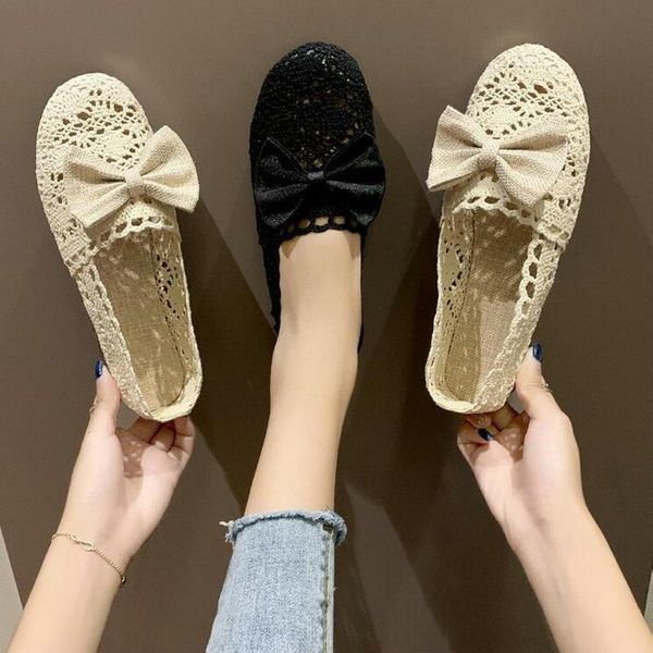 

sandals spring and summer mesh breathable cloth shoes women's soft-soled peas flat hollow round-toe single, Black