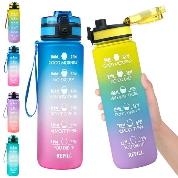 

water bottle 1l 32oz with motivational time marker & straw bpa non-toxic leak proof gym outdoor sports drinking