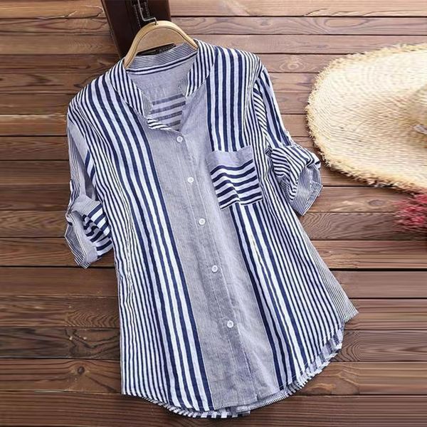 

womens and blouses cap sleeve autumn vintage long sleeve shirt 2021 women clothes striped korean ladies fashion clothing, White