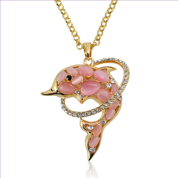 

pendant necklaces light yellow gold color dolphin shape cat eye stone link chain necklace with rhinestone animal jewelry, Silver