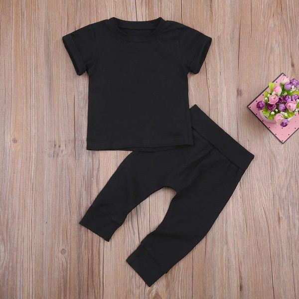 

clothing sets 6m-4y infant kids baby boy girl solid color short sleeve cotton t-shirt long pant trouser 2pcs set, White