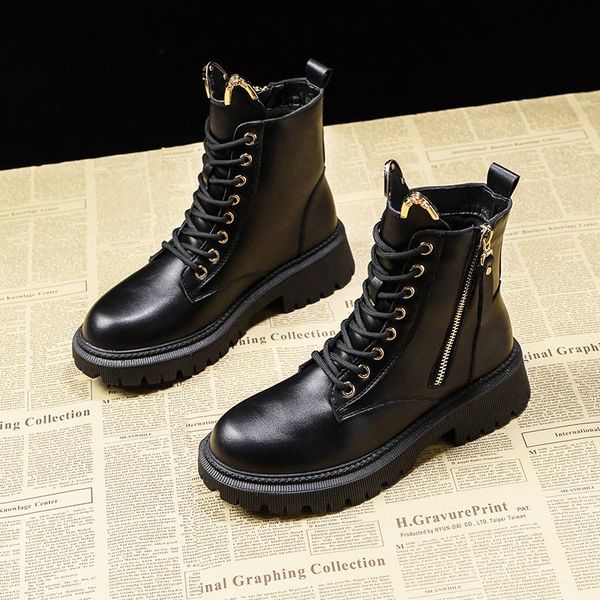 

boots 2021 spring/winter wild british short women plus velvet snow cotton shoes cross straps street trend ankle, Black