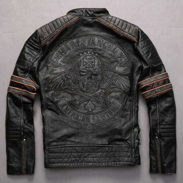 

men's leather & faux embroidery skulls pattern vintage cowhide motorcycle jacket punk style adjustable waist contrast color sleeve men, Black