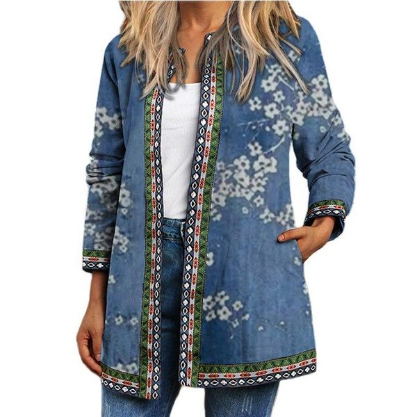

women's jackets autumn 2021 ladies retro ethnic printing long sleeve jacket cardigan women casual loose oversize splice o-neck pocket c, Black;brown