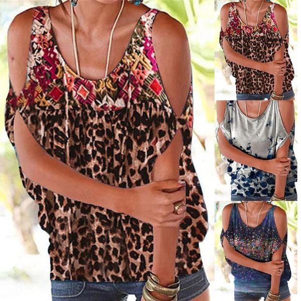 

women's t-shirt fashion o-neck leopard printing casual loose strapless vest female tshirt women clothing camisetas de mujer, White