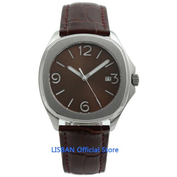 

wristwatches 40mm sterile dial men's automatic watch square sapphire glass luminous date window leather strap wristwatch men, Slivery;brown