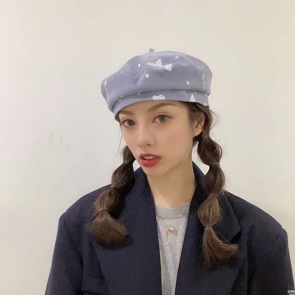 

berets ins autumn winter beret hat female cotton butterfly print painter for women purple fairy temperament beanie casqute, Blue;gray