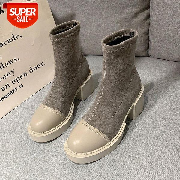 

elastic velvet martin boots women's autumn and winter thick heel round head thin vintage net red bare #ck0j, Black