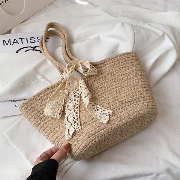 

evening bags 2021 summer beach women's tote bag lace bow decor shoulder for women ladies fashion trendy woven female handbags