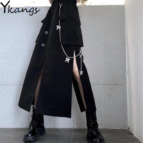 Harajuku Borboleta Cadeia Preto Hip Hop Longa Saia Mulheres Outono Gótico Sexy Split Midi Saia Vintage Cintura Alta Cintura Bolso Streetwear 210310