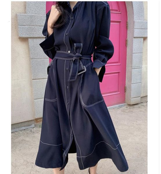 

2021 new moda estilo coreano trench vestido duplo-breasted com cinto senhora do escritrio vestidos longos primavera outono elegante, Black;gray