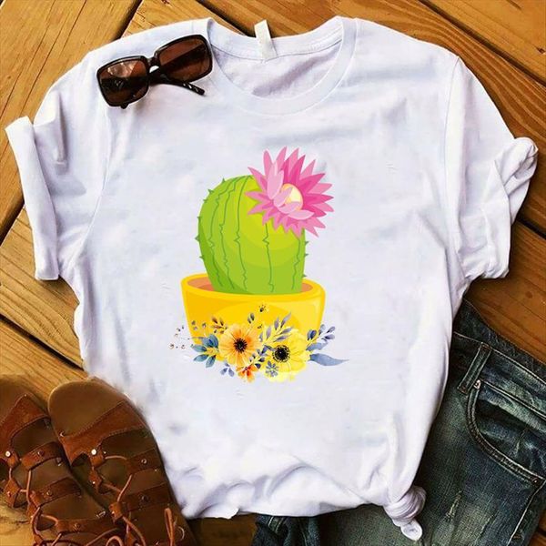 

cactus flower printed short sleeve women t shirt loose tee clothes graphic, White