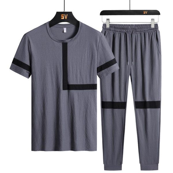 

men's tracksuits size 7xl 8xl suit trend casual sports short-sleeved t-shirt summer clothes, Gray