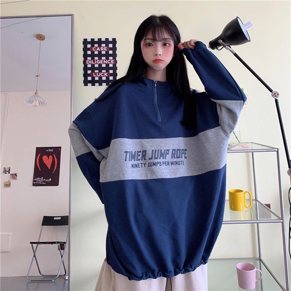 

2021 new college style loose solid color thin zipper stand collar stitching letter sweatshirt women autumn personality simple 244z, Black