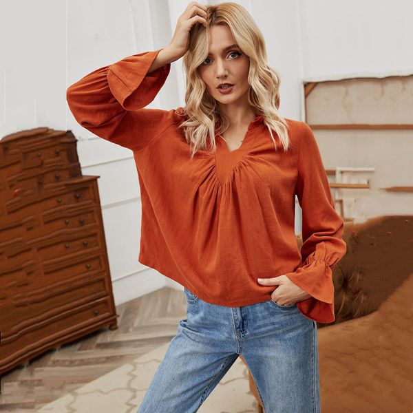 

2021 new fashion trumpet sleeve women v-neck autumn cotton and linen solid color wild long-sleeved casual orange blouse 1sp0, White