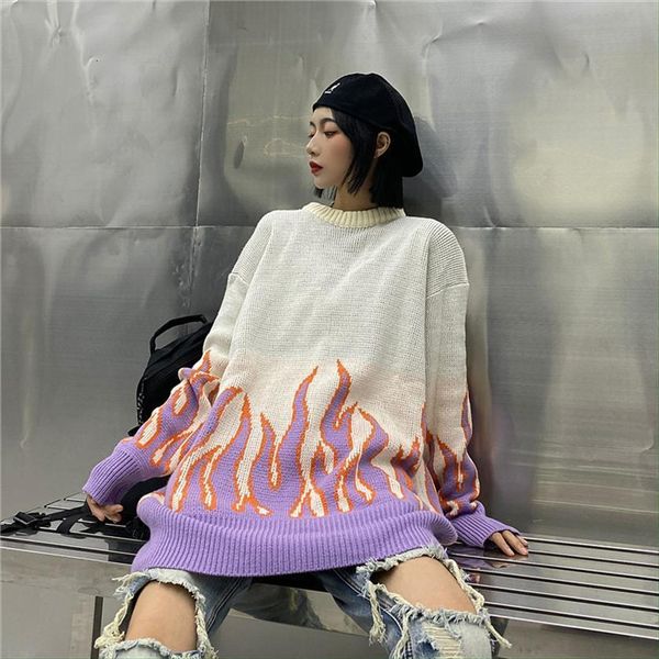 

harajuku couple hip hop oversized womens sweater knitting pullover women flame casual autumn winter men loose fashion unisex, White;black